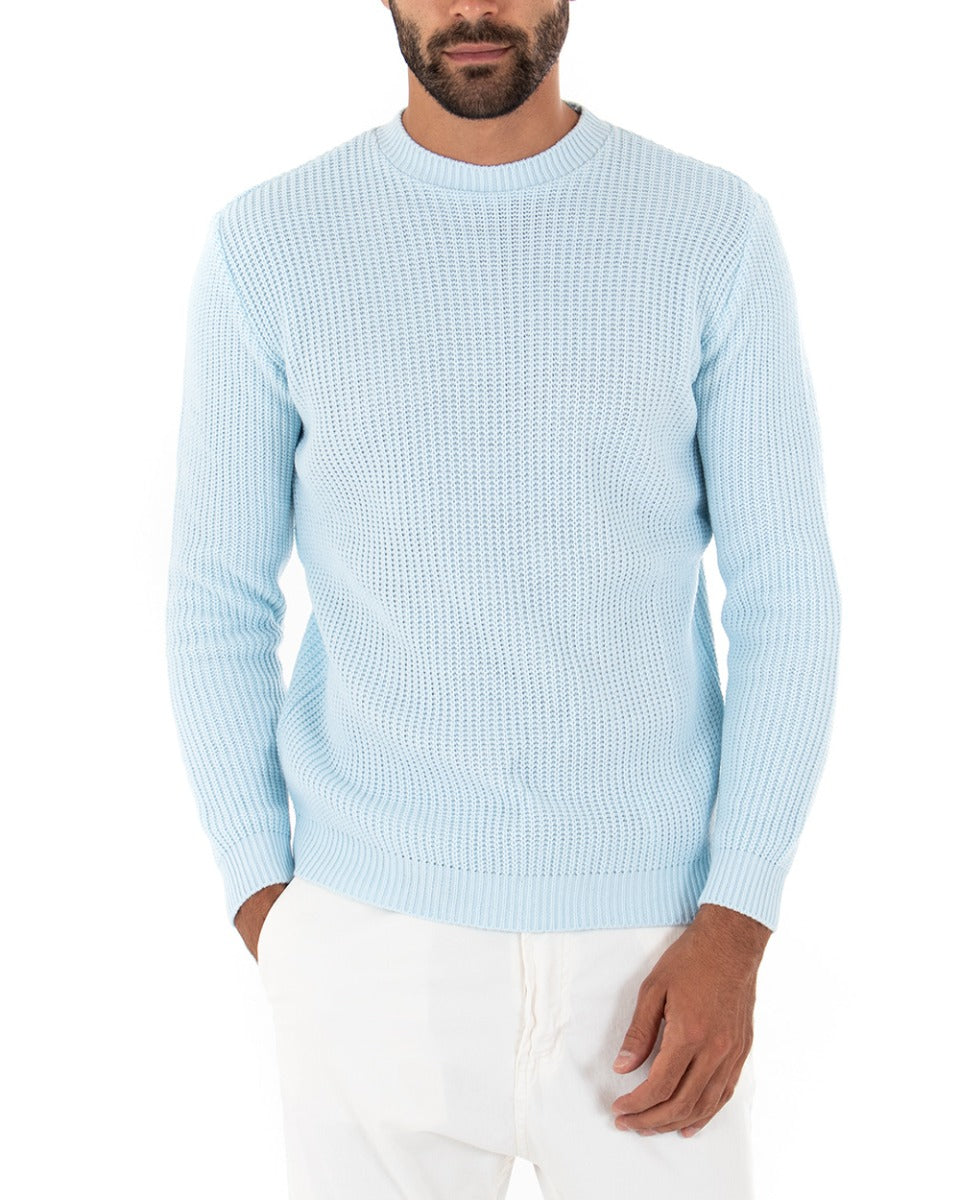 Maglioncino Uomo Girocollo Tinta Unita Celeste Maglia Inglese Basic GIOSAL-M2361A