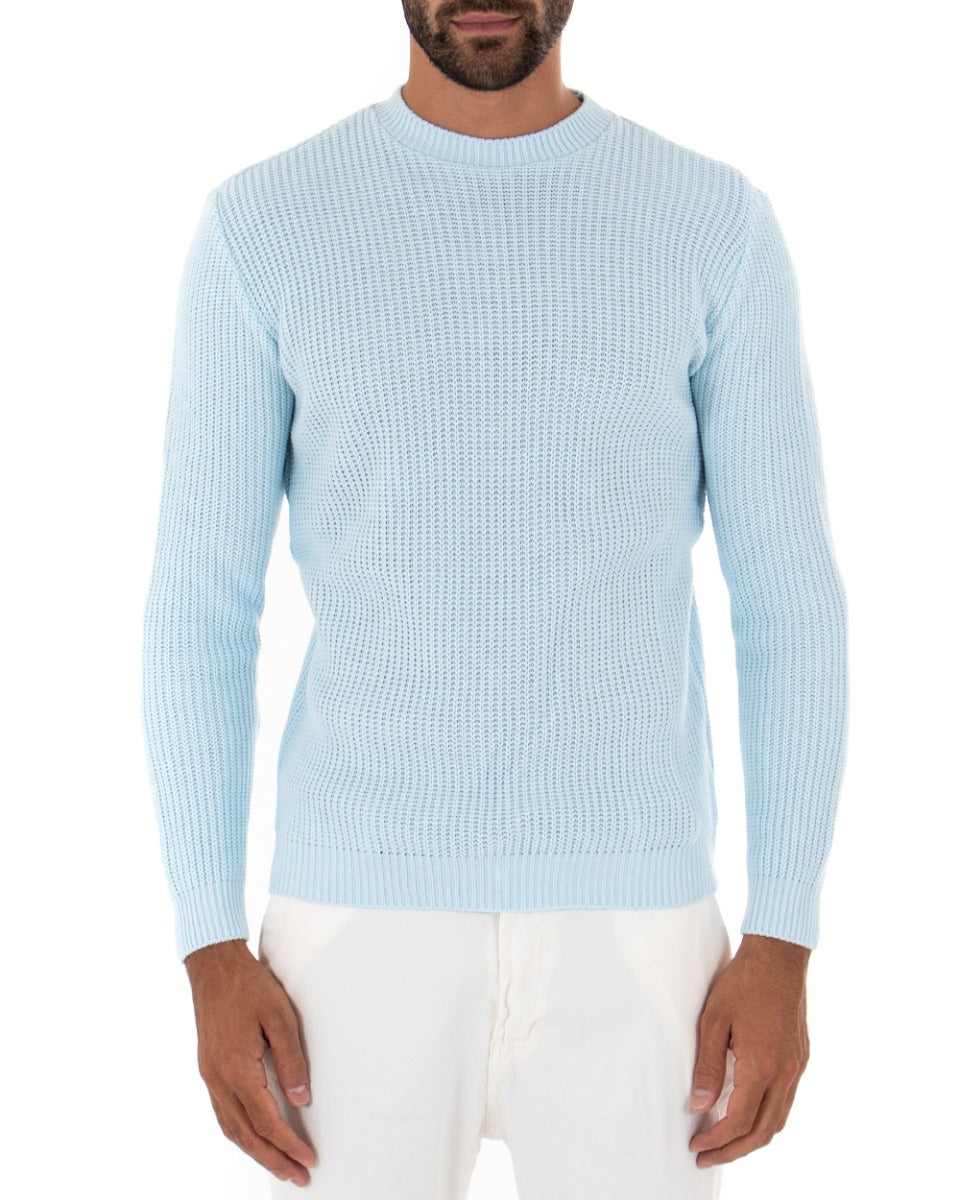Maglioncino Uomo Girocollo Tinta Unita Celeste Maglia Inglese Basic GIOSAL-M2361A
