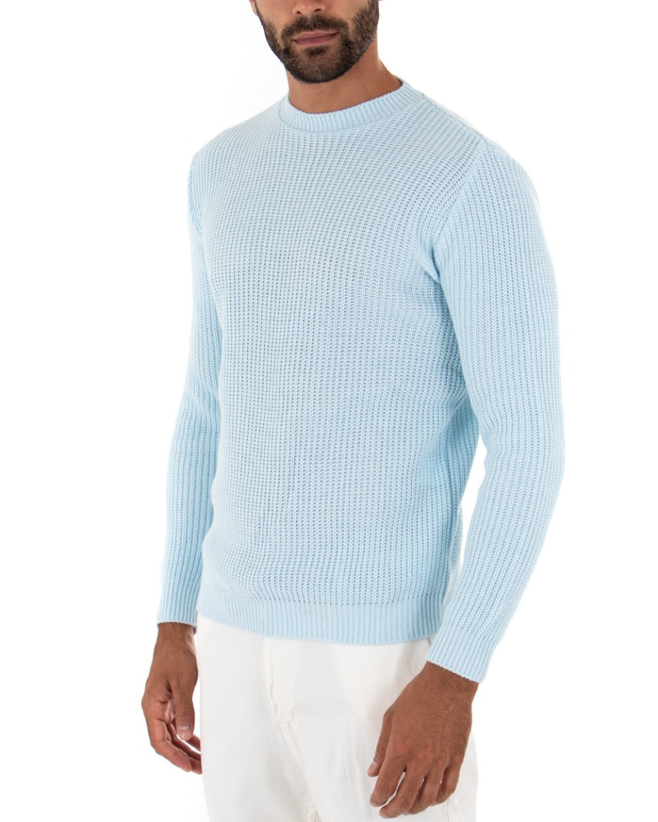 Maglioncino Uomo Girocollo Tinta Unita Celeste Maglia Inglese Basic GIOSAL-M2361A