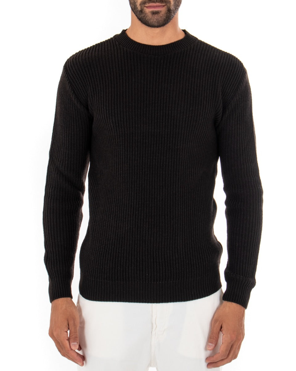 Maglioncino Uomo Girocollo Tinta Unita Nero Maglia Inglese Basic GIOSAL-M2365A