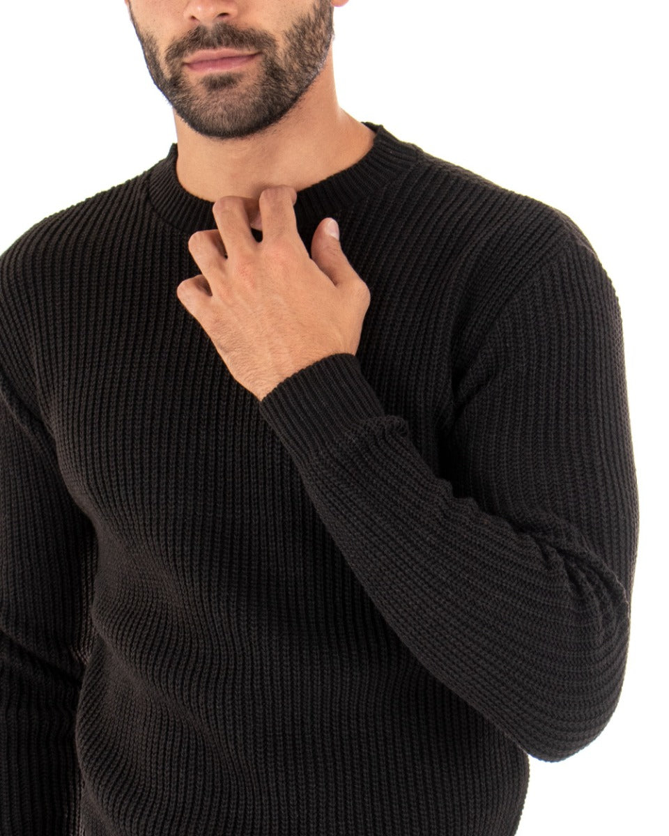 Maglioncino Uomo Girocollo Tinta Unita Nero Maglia Inglese Basic GIOSAL-M2365A