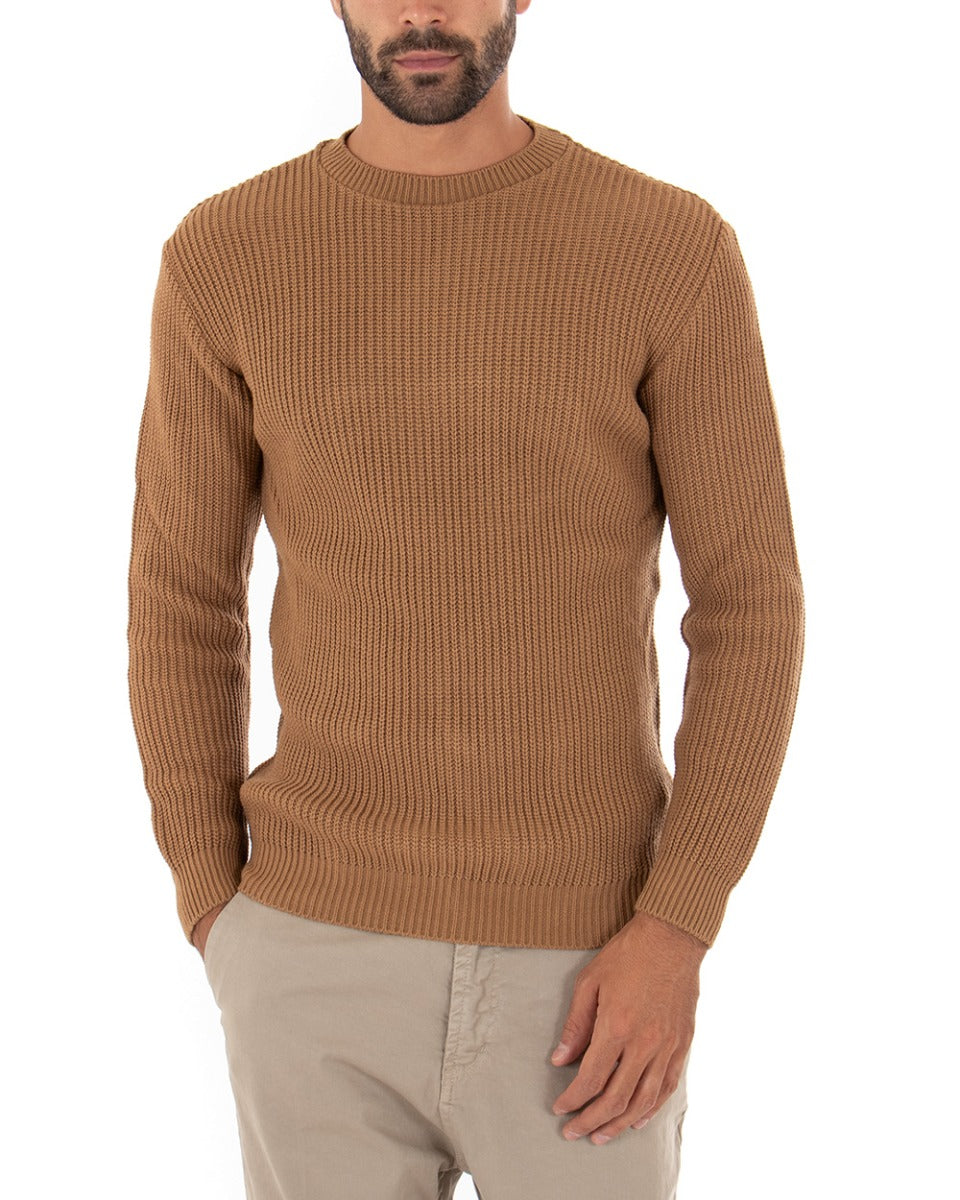 Maglioncino Uomo Girocollo Tinta Unita Camel Maglia Inglese Basic GIOSAL-M2370A