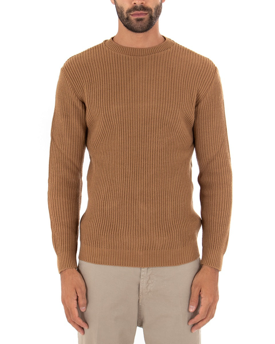 Maglioncino Uomo Girocollo Tinta Unita Camel Maglia Inglese Basic GIOSAL-M2370A