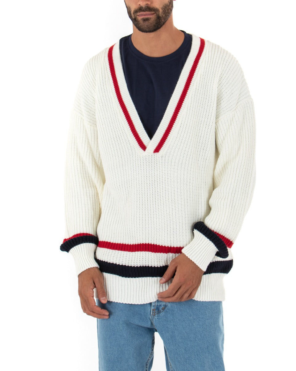 Maglioncino Uomo Maglia Pullover Scollo a V Righe Bianco GIOSAL-M2390A