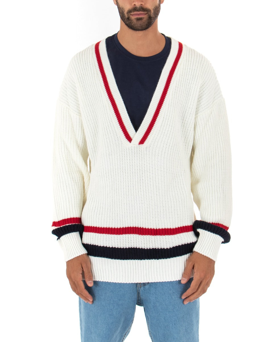 Maglioncino Uomo Maglia Pullover Scollo a V Righe Bianco GIOSAL-M2390A