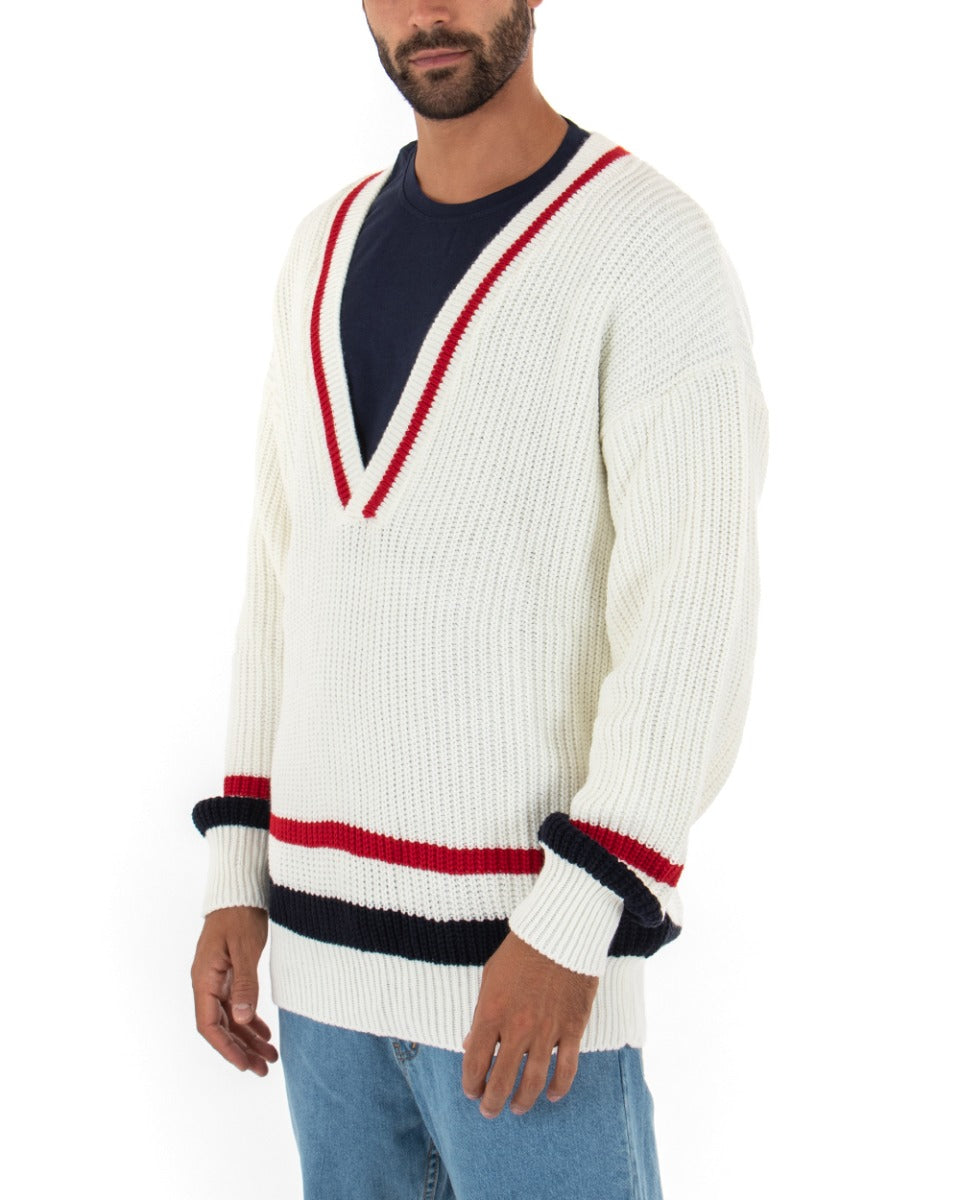 Maglioncino Uomo Maglia Pullover Scollo a V Righe Bianco GIOSAL-M2390A