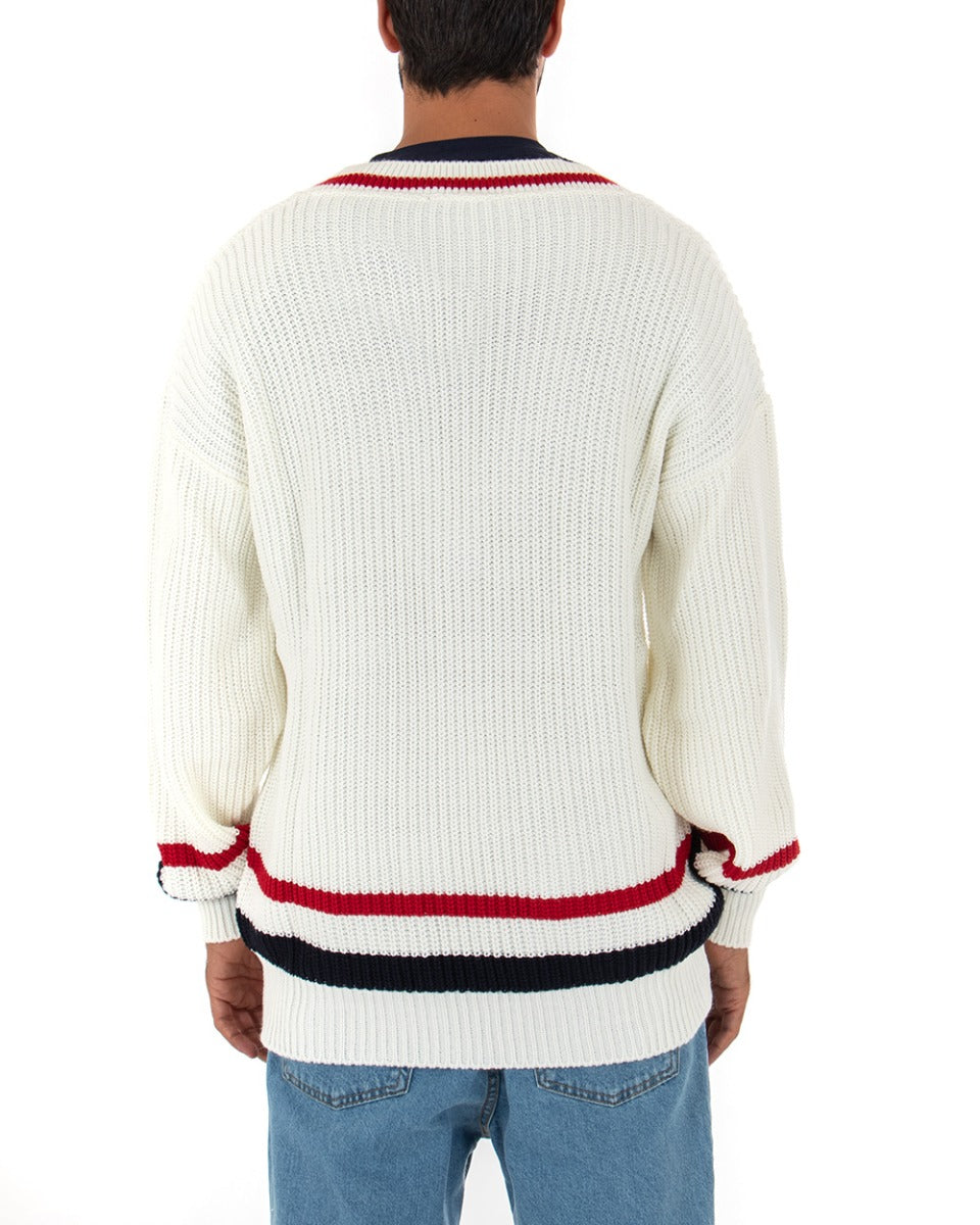 Maglioncino Uomo Maglia Pullover Scollo a V Righe Bianco GIOSAL-M2390A