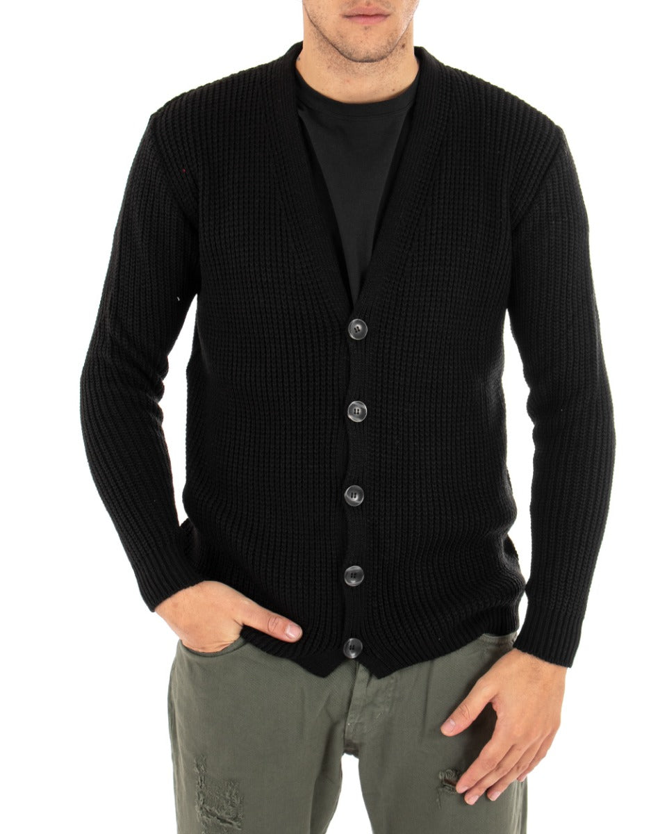 Cardigan Uomo Giacca Con Bottoni Maglioncino Scollo V Maglia Inglese Nero GIOSAL-M2410A