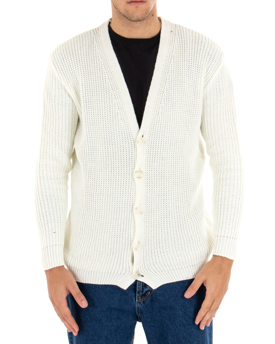 Cardigan Uomo Giacca Con Bottoni Maglioncino Scollo V Maglia Inglese Panna GIOSAL-M2411A