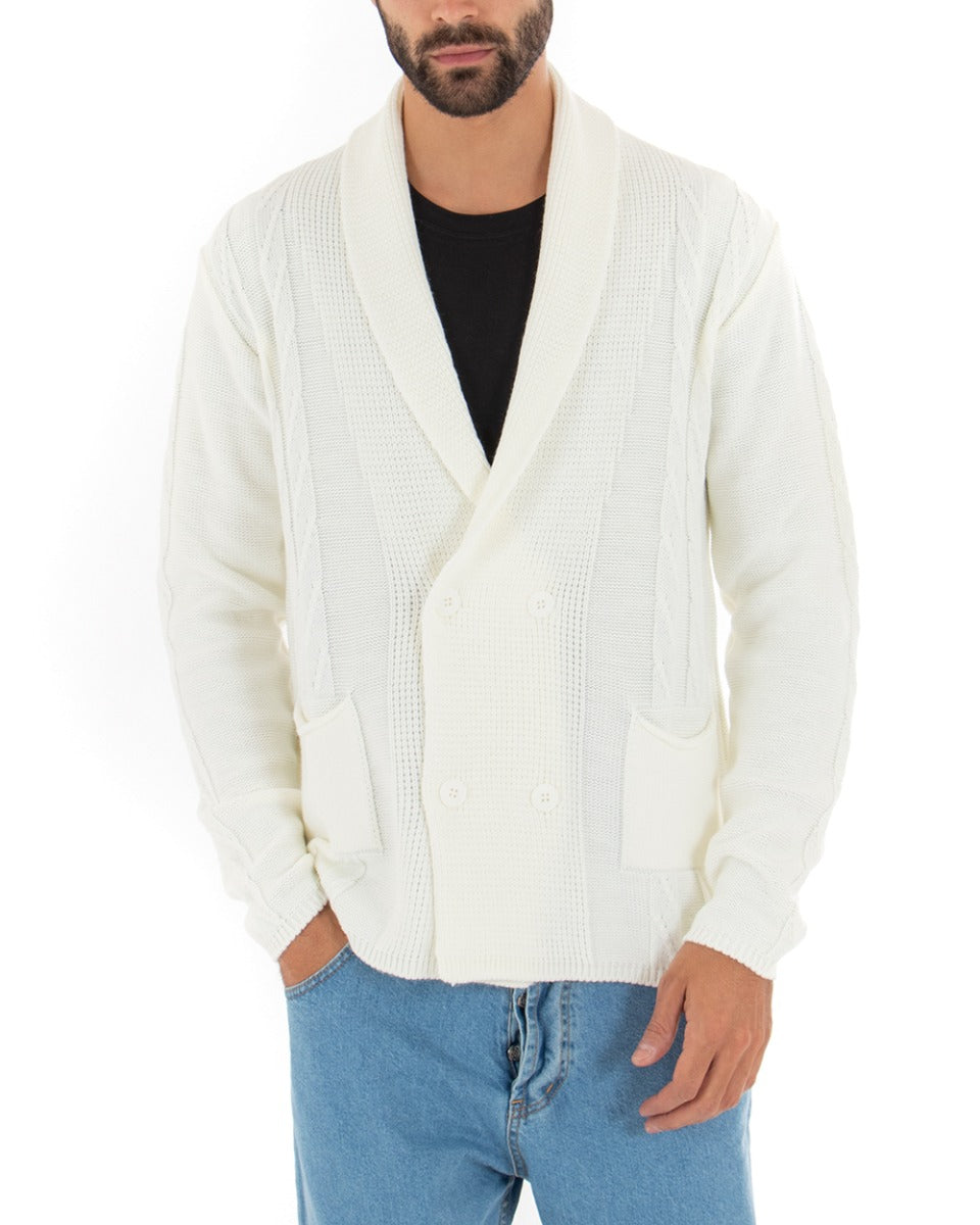 Cardigan Uomo Scollo V Maglioncino Doppiopetto Maglia Giacca Con Bottoni Panna GIOSAL-M2431A