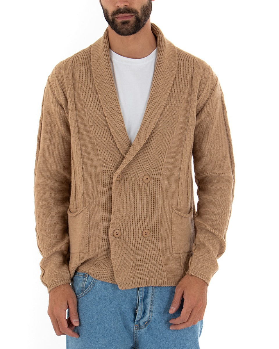Cardigan Uomo Scollo V Maglioncino Doppiopetto Maglia Giacca Con Bottoni Camel GIOSAL-M2432A