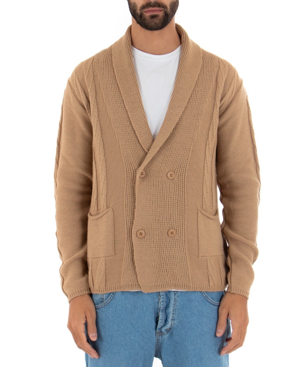 Cardigan Uomo Scollo V Maglioncino Doppiopetto Maglia Giacca Con Bottoni Camel GIOSAL-M2432A
