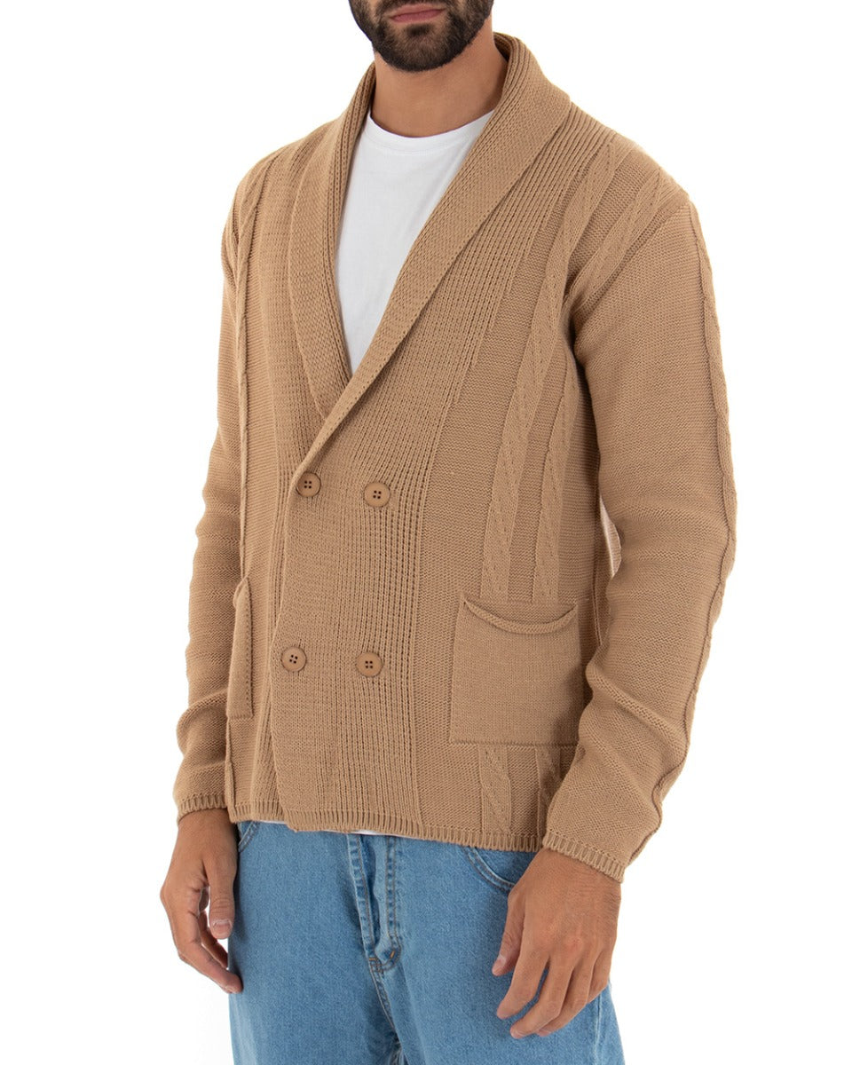 Cardigan Uomo Scollo V Maglioncino Doppiopetto Maglia Giacca Con Bottoni Camel GIOSAL-M2432A