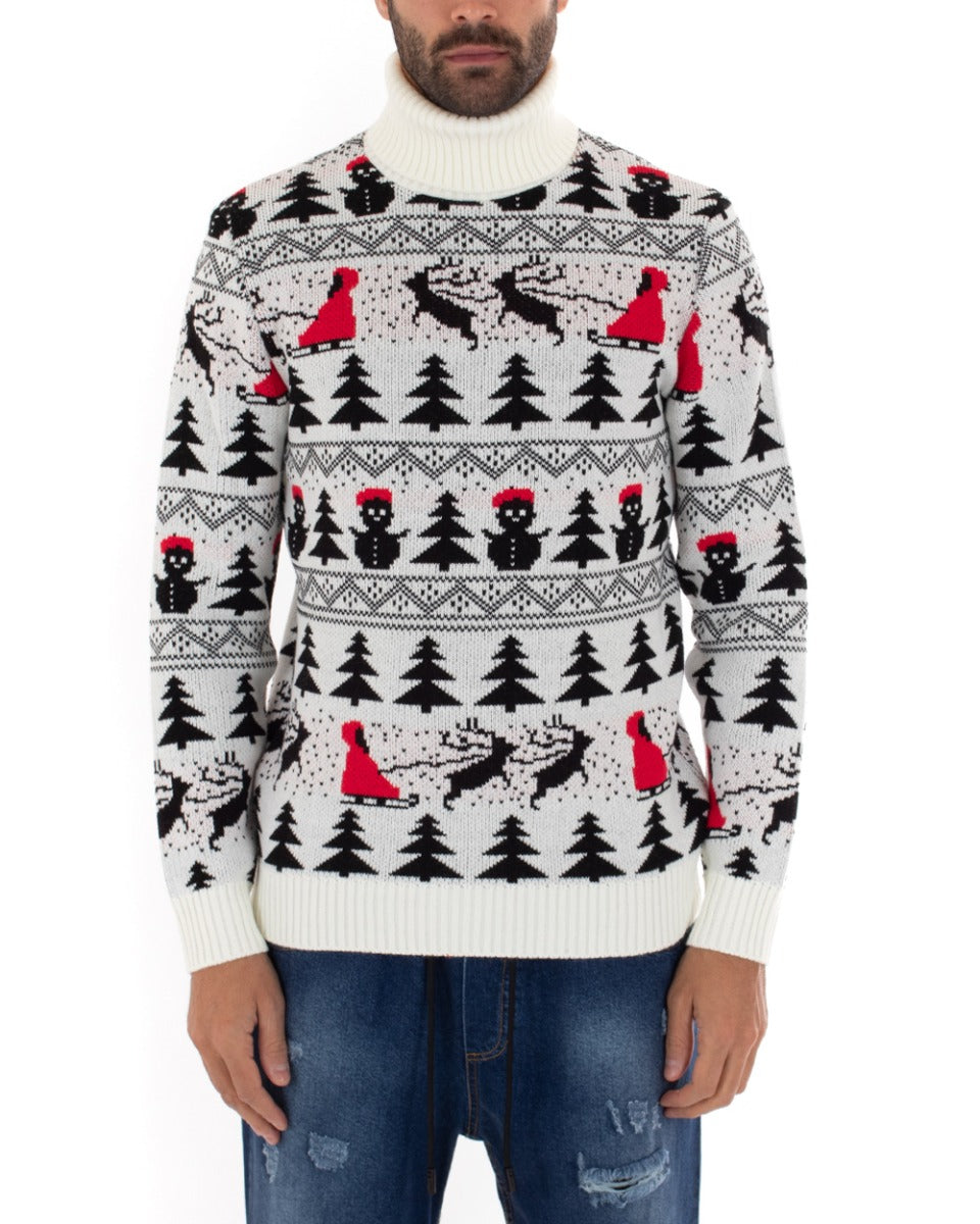 Maglioncino Uomo Collo Alto Maglia Natalizia Dolcevita Bianco Pullover GIOSAL-M2446A