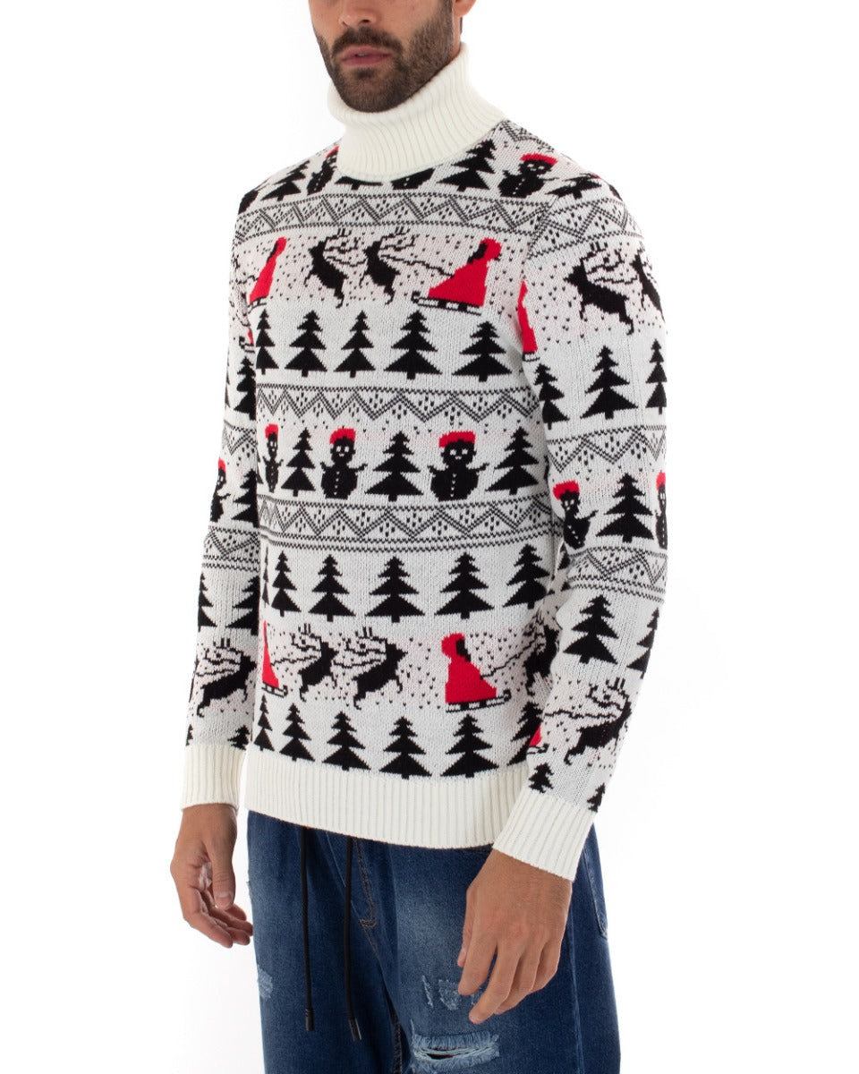 Maglioncino Uomo Collo Alto Maglia Natalizia Dolcevita Bianco Pullover GIOSAL-M2446A