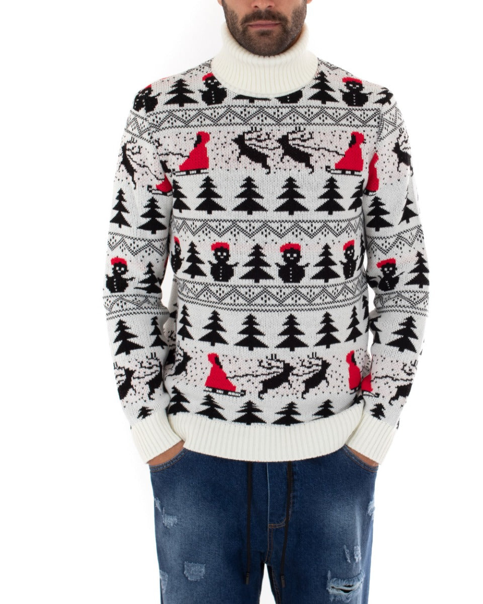 Maglioncino Uomo Collo Alto Maglia Natalizia Dolcevita Bianco Pullover GIOSAL-M2446A