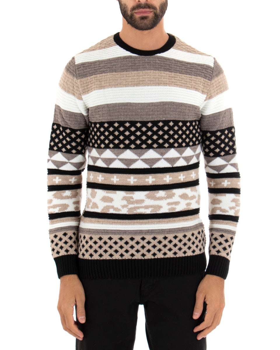 Maglioncino Uomo Girocollo Maglia Multicolore Rigata Beige Pullover GIOSAL-M2451A