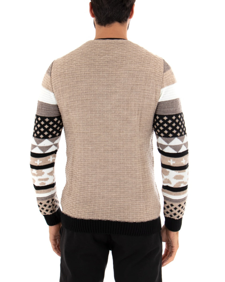 Maglioncino Uomo Girocollo Maglia Multicolore Rigata Beige Pullover GIOSAL-M2451A