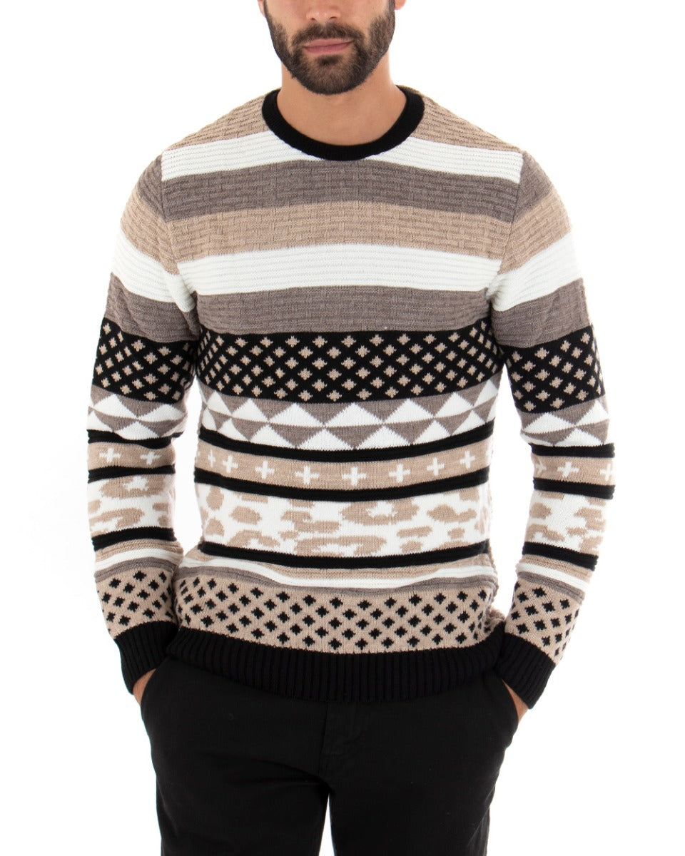 Maglioncino Uomo Girocollo Maglia Multicolore Rigata Beige Pullover GIOSAL-M2451A