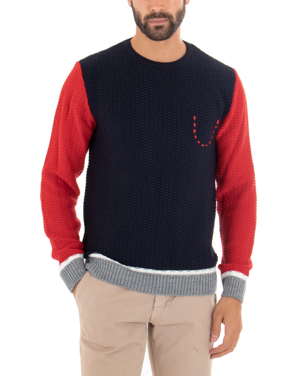 Maglioncino Uomo Maglia Girocollo Bicolore Blu Rosso Maglione Intrecciato GIOSAL-M2456A