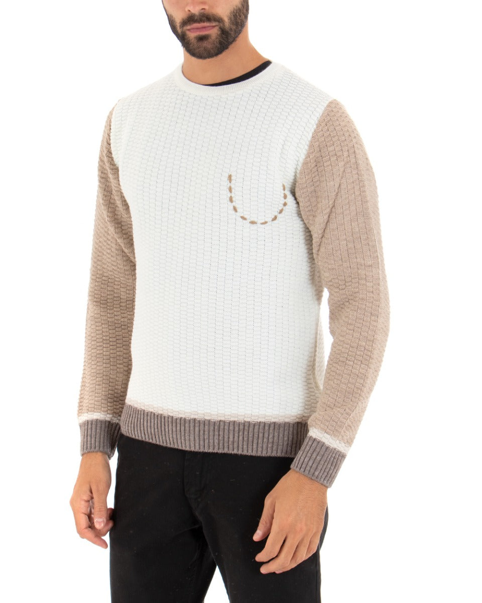 Maglioncino Uomo Maglia Girocollo Bicolore Bianco Beige Maglione Intrecciato GIOSAL-M2458A