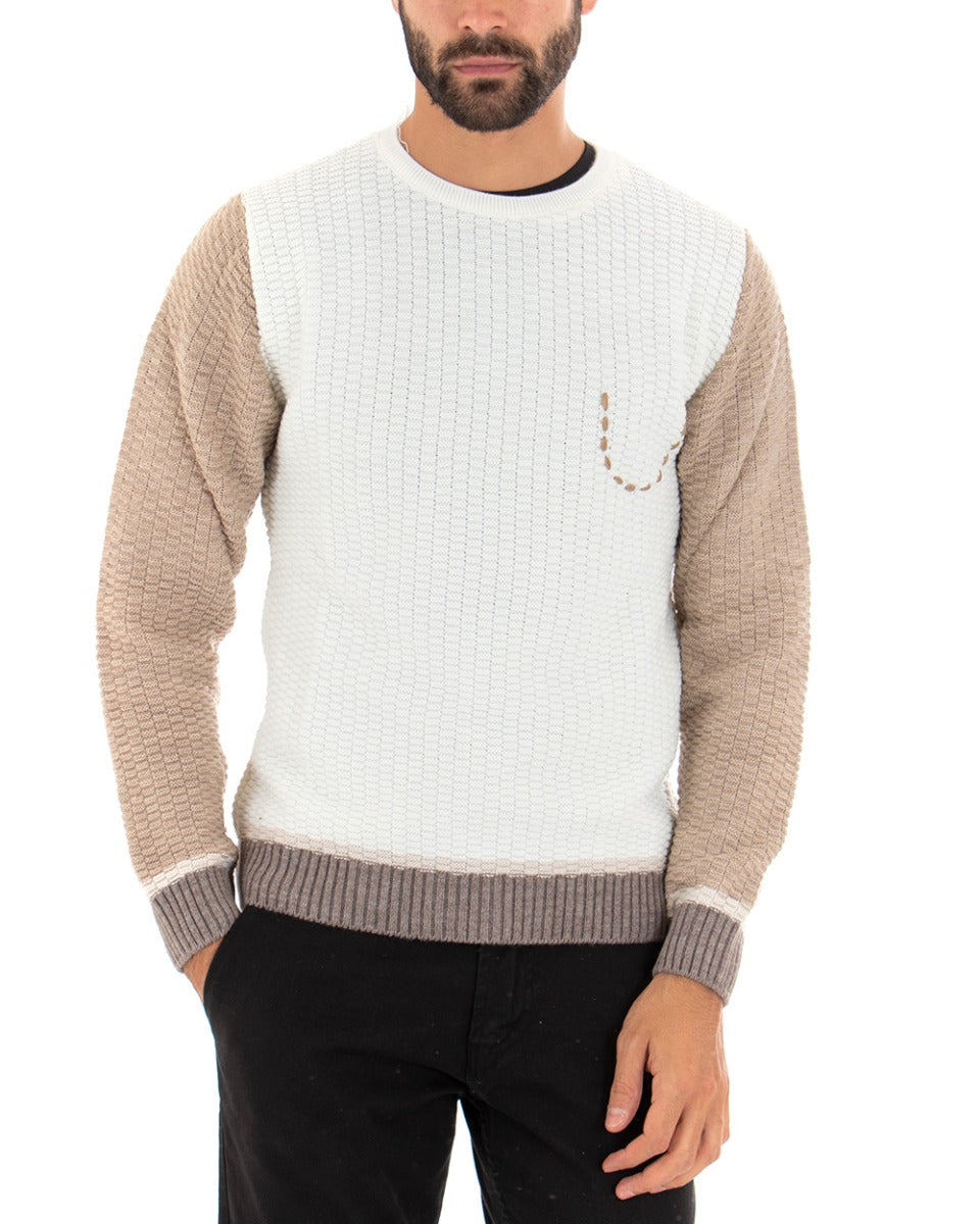 Maglioncino Uomo Maglia Girocollo Bicolore Bianco Beige Maglione Intrecciato GIOSAL-M2458A