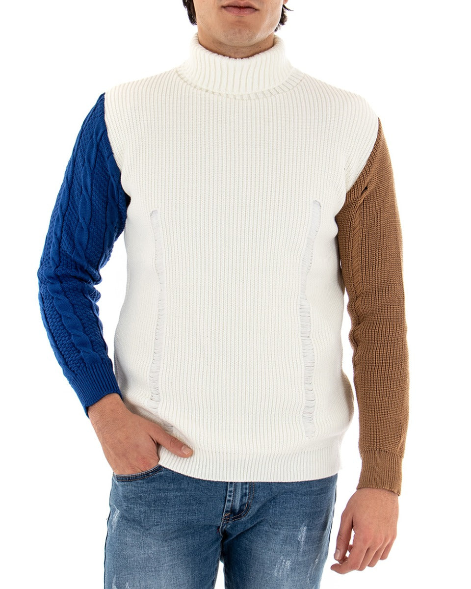 Maglioncino Uomo Collo Alto Bianco Maglia Dolcevita Multicolore Trecce GIOSAL-M2466A