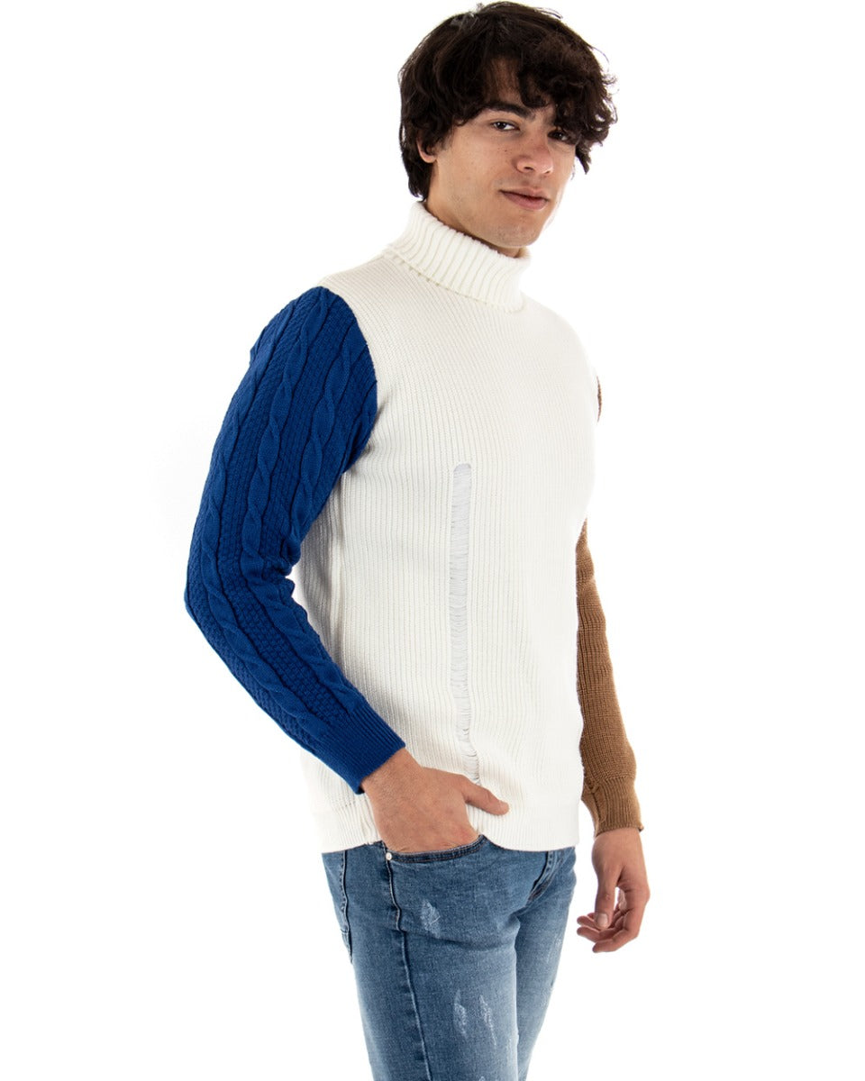 Maglioncino Uomo Collo Alto Bianco Maglia Dolcevita Multicolore Trecce GIOSAL-M2466A