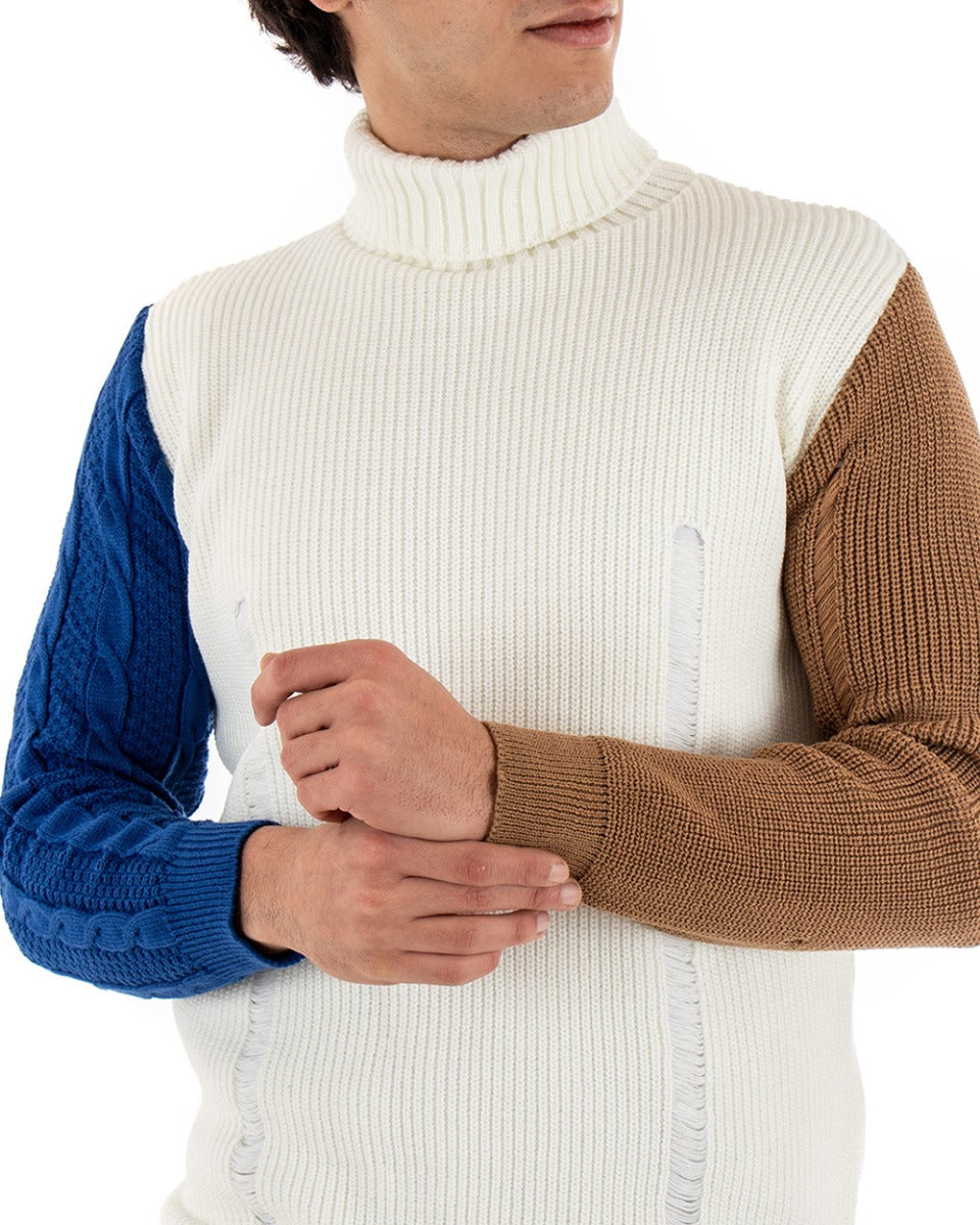 Maglioncino Uomo Collo Alto Bianco Maglia Dolcevita Multicolore Trecce GIOSAL-M2466A