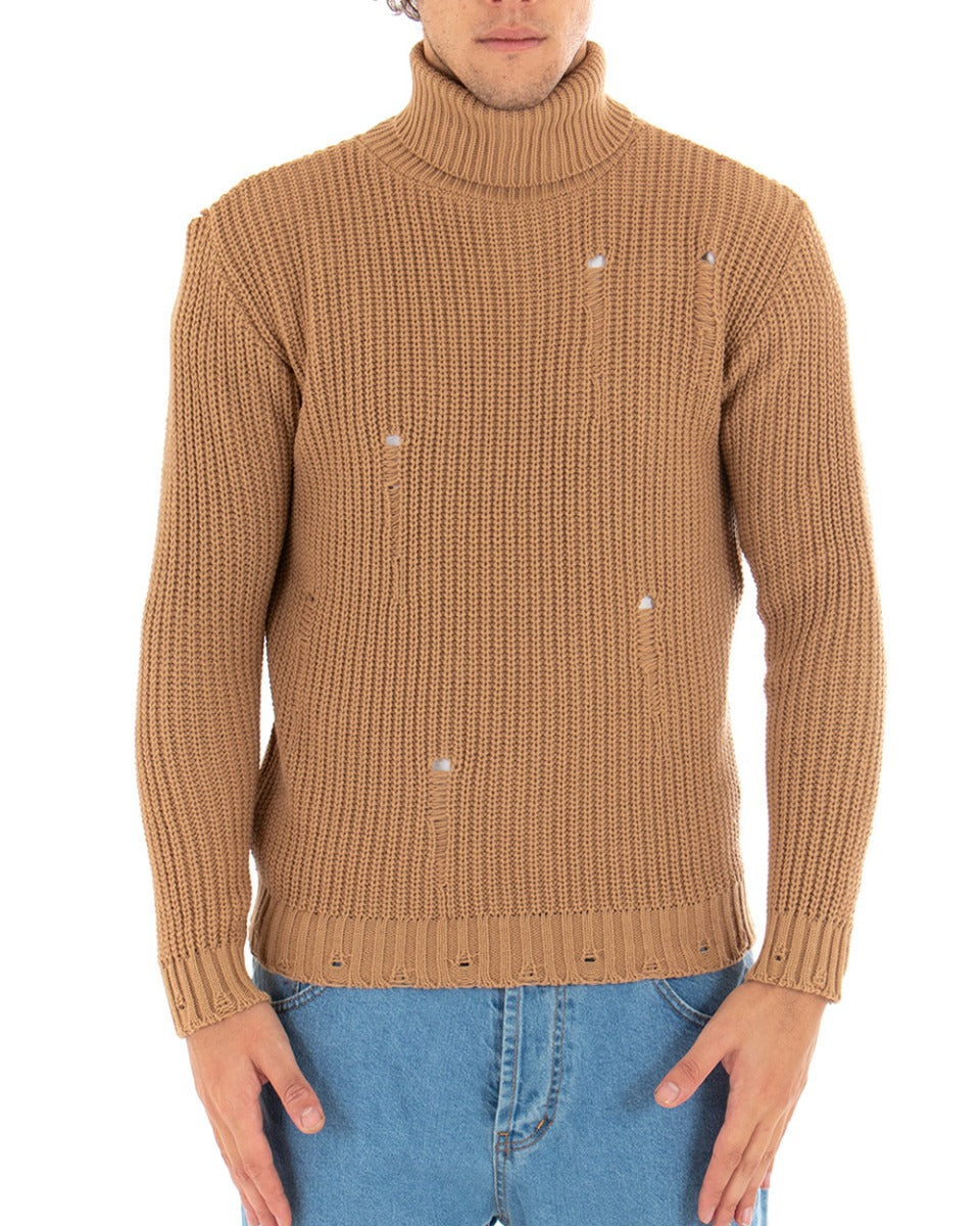 Maglioncino Uomo Collo Alto Camel Maglia Dolcevita Con Rotture GIOSAL-M2469A