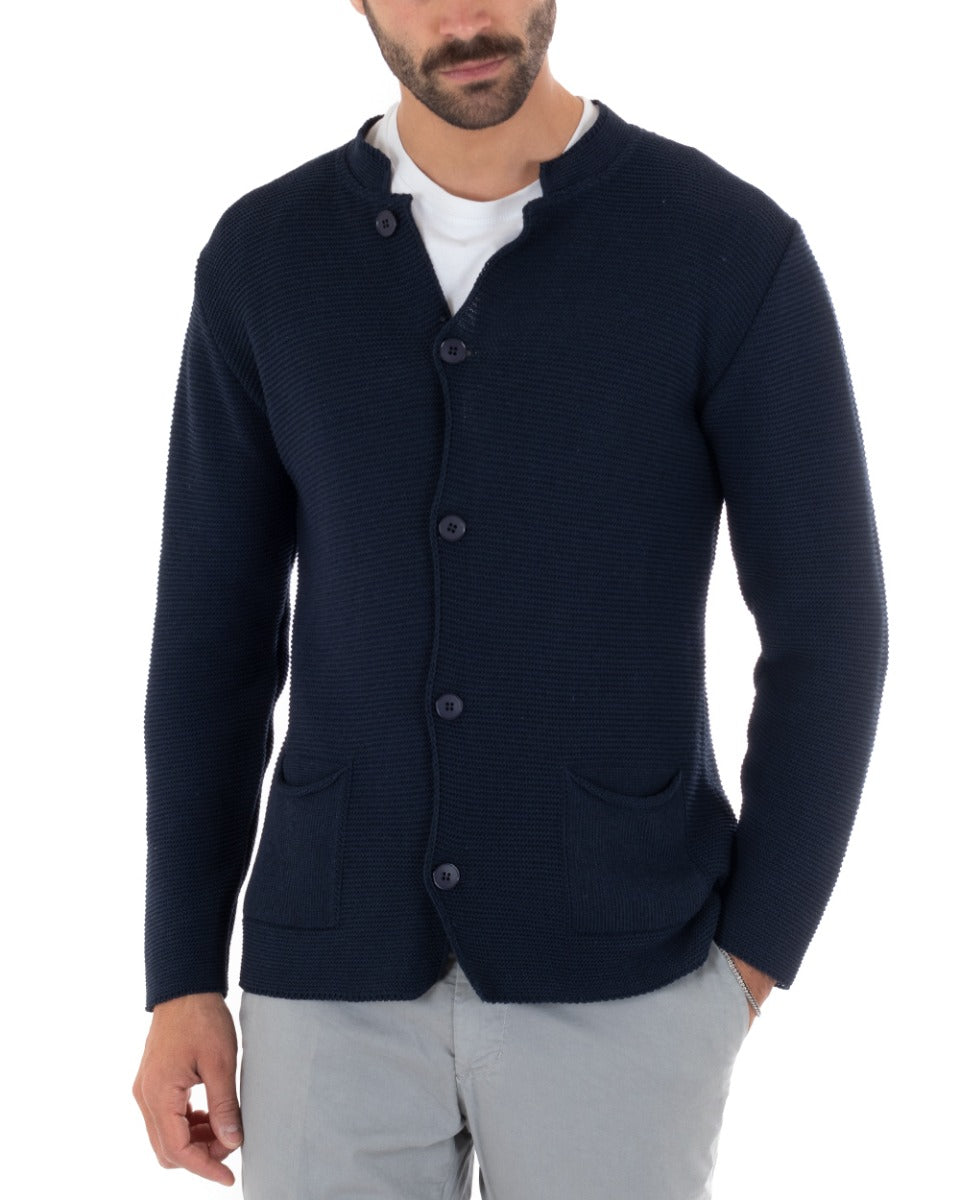 Cardigan Uomo Collo Coreano Maglioncino Monopetto Maglia Giacca Con Bottoni Blu GIOSAL-M2478A