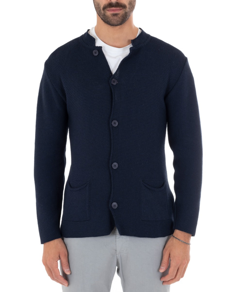 Cardigan Uomo Collo Coreano Maglioncino Monopetto Maglia Giacca Con Bottoni Blu GIOSAL-M2478A