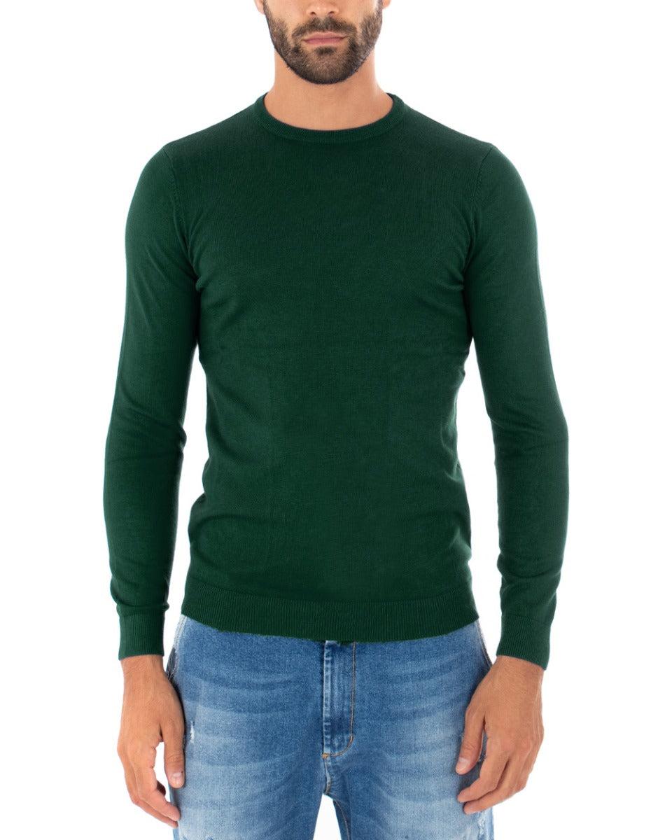 Maglioncino Uomo Casual Maglia Girocollo Tinta Unita Basic Verde Bottiglia GIOSAL-M2497A