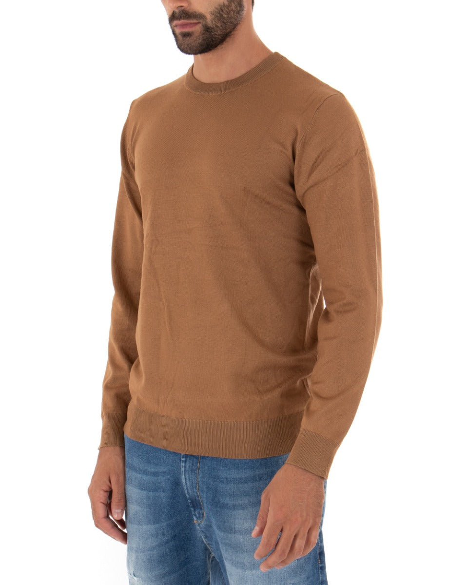 Maglioncino Uomo Casual Maglia Girocollo Tinta Unita Basic Camel GIOSAL-M2499A