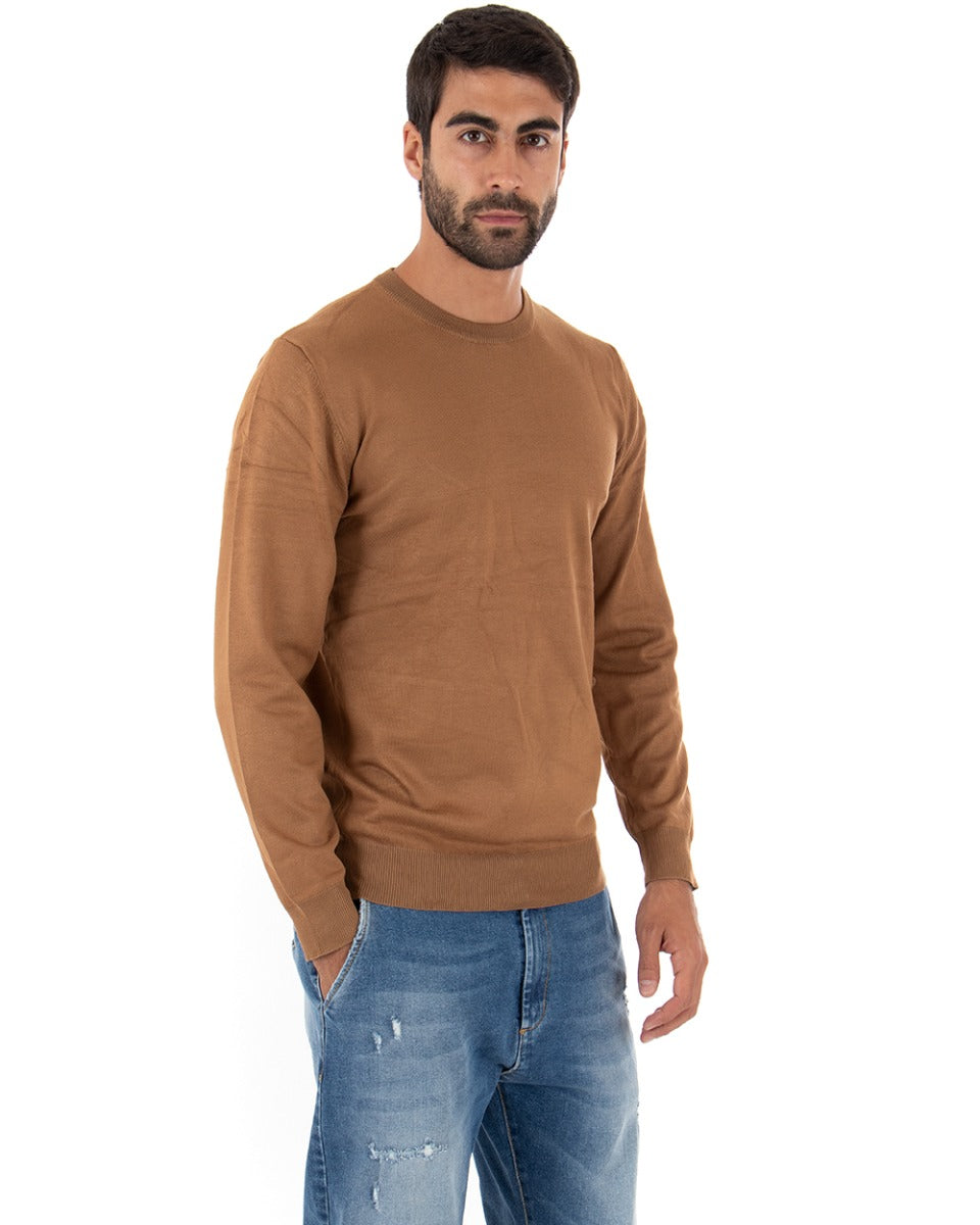 Maglioncino Uomo Casual Maglia Girocollo Tinta Unita Basic Camel GIOSAL-M2499A