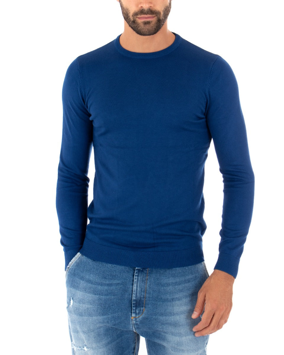 Maglioncino Uomo Casual Maglia Girocollo Tinta Unita Basic Blu Royal GIOSAL-M2502A