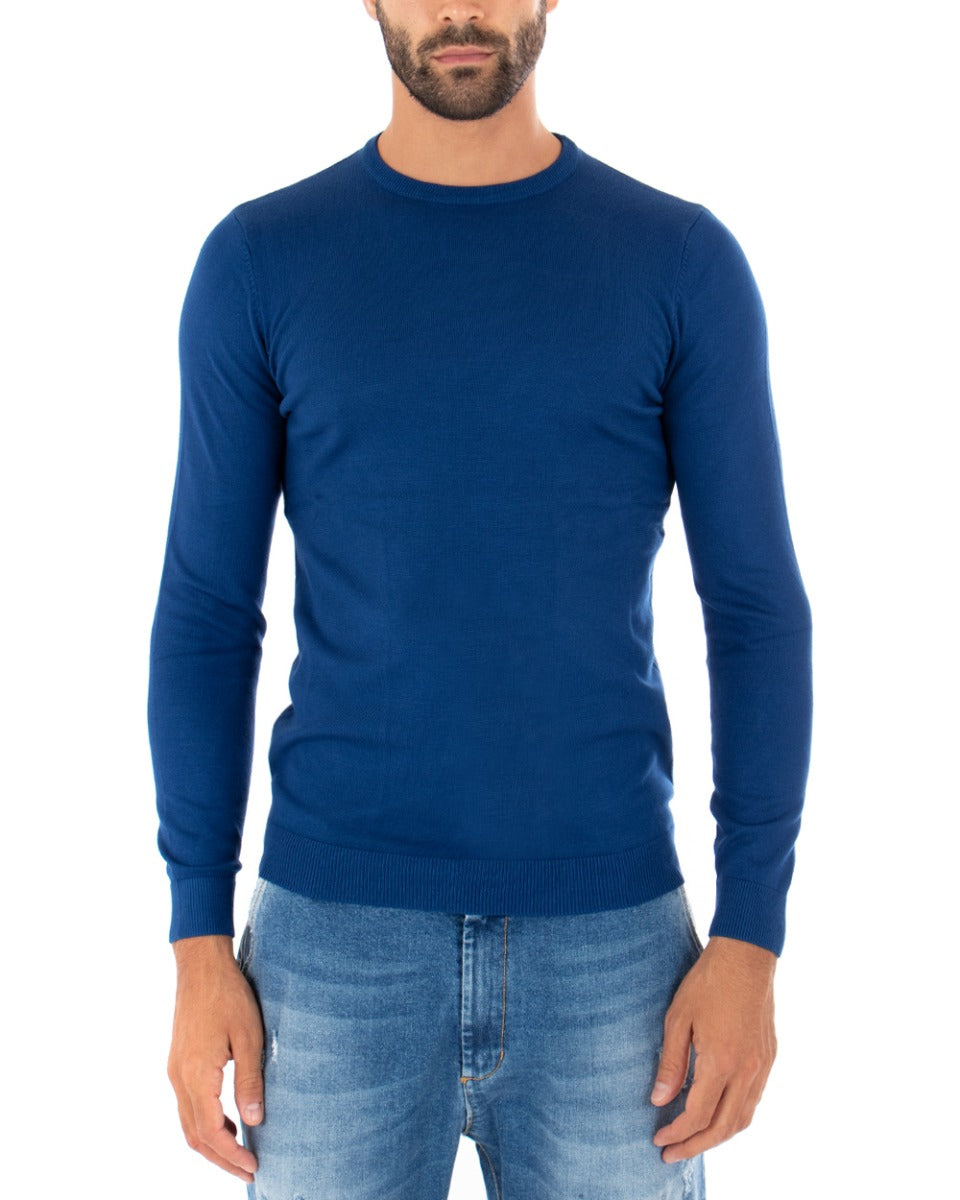 Maglioncino Uomo Casual Maglia Girocollo Tinta Unita Basic Blu Royal GIOSAL-M2502A