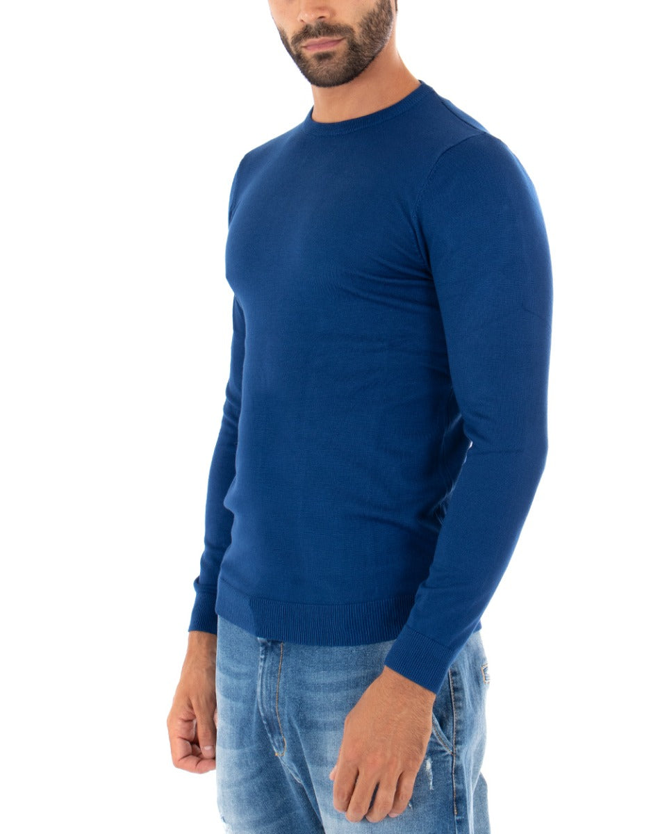 Maglioncino Uomo Casual Maglia Girocollo Tinta Unita Basic Blu Royal GIOSAL-M2502A