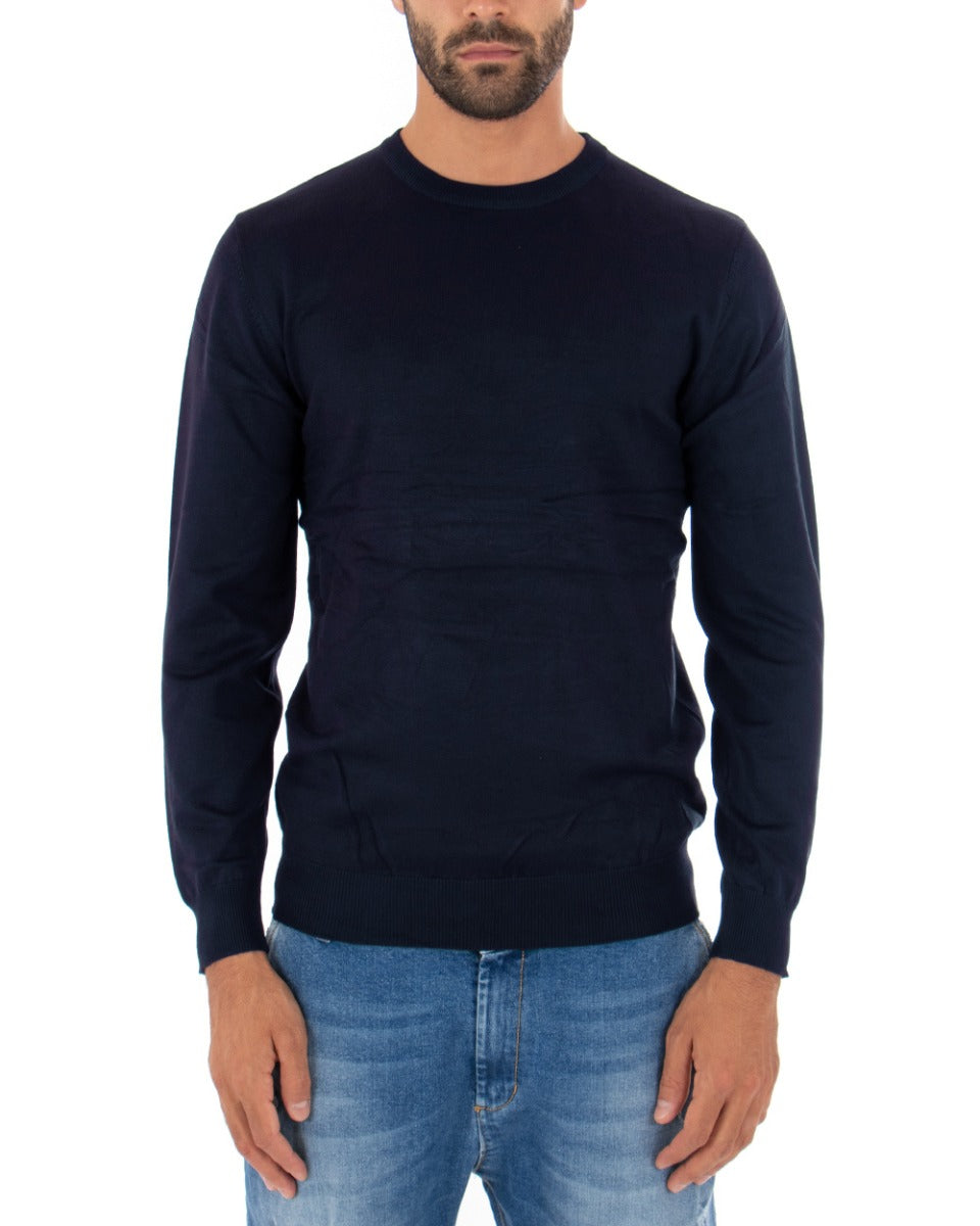 Maglioncino Uomo Casual Maglia Girocollo Tinta Unita Basic Blu GIOSAL-M2509A