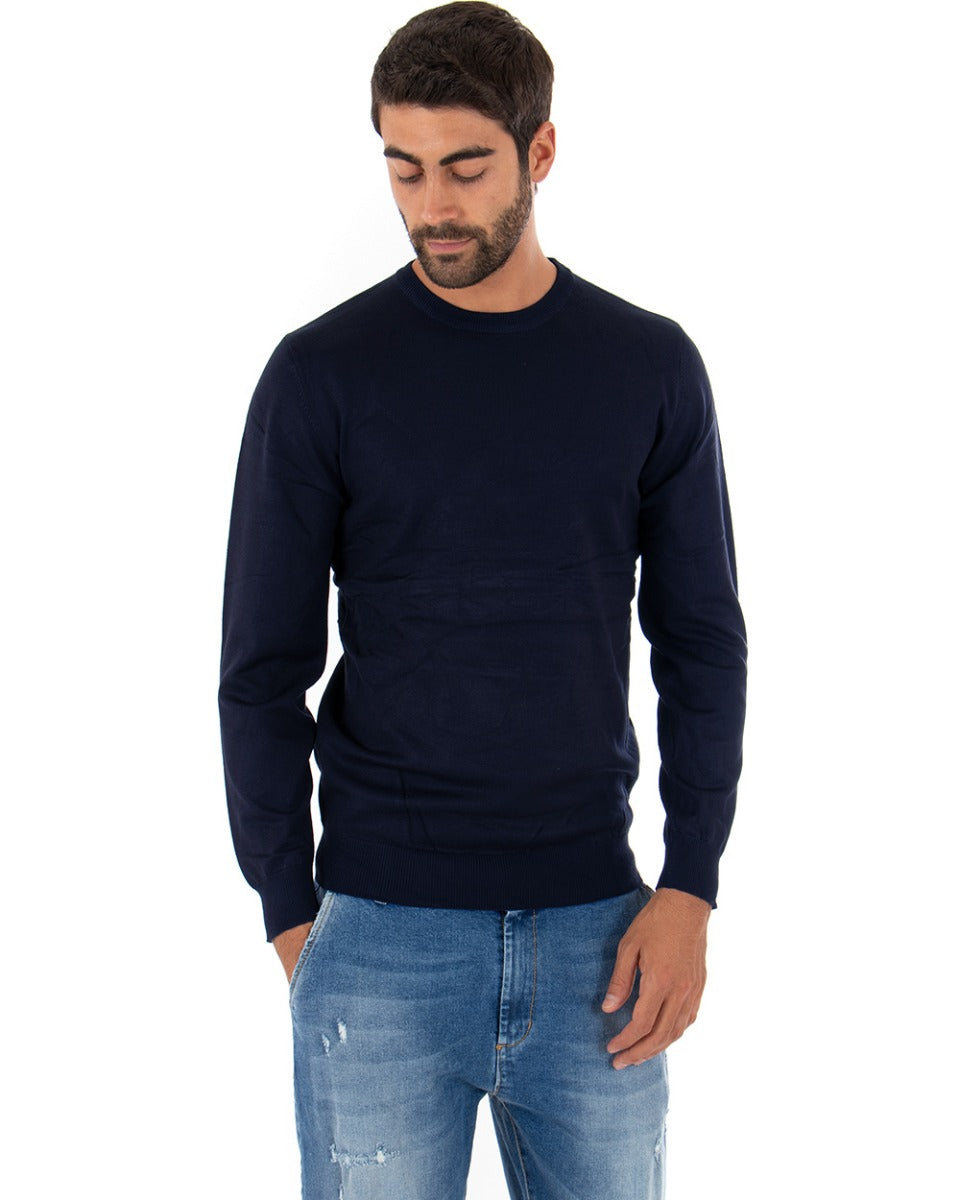 Maglioncino Uomo Casual Maglia Girocollo Tinta Unita Basic Blu GIOSAL-M2509A