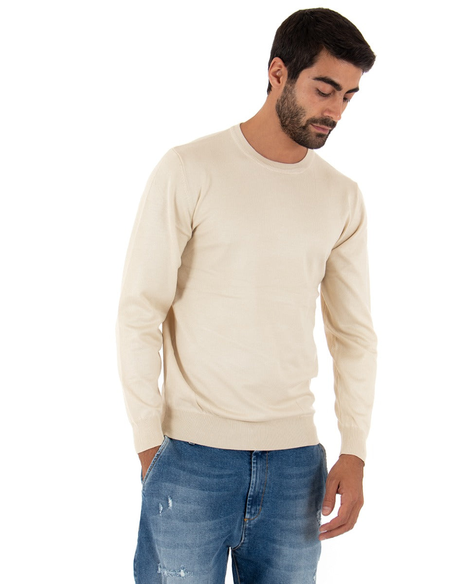 Maglioncino Uomo Casual Maglia Girocollo Tinta Unita Basic Beige GIOSAL-M2512A