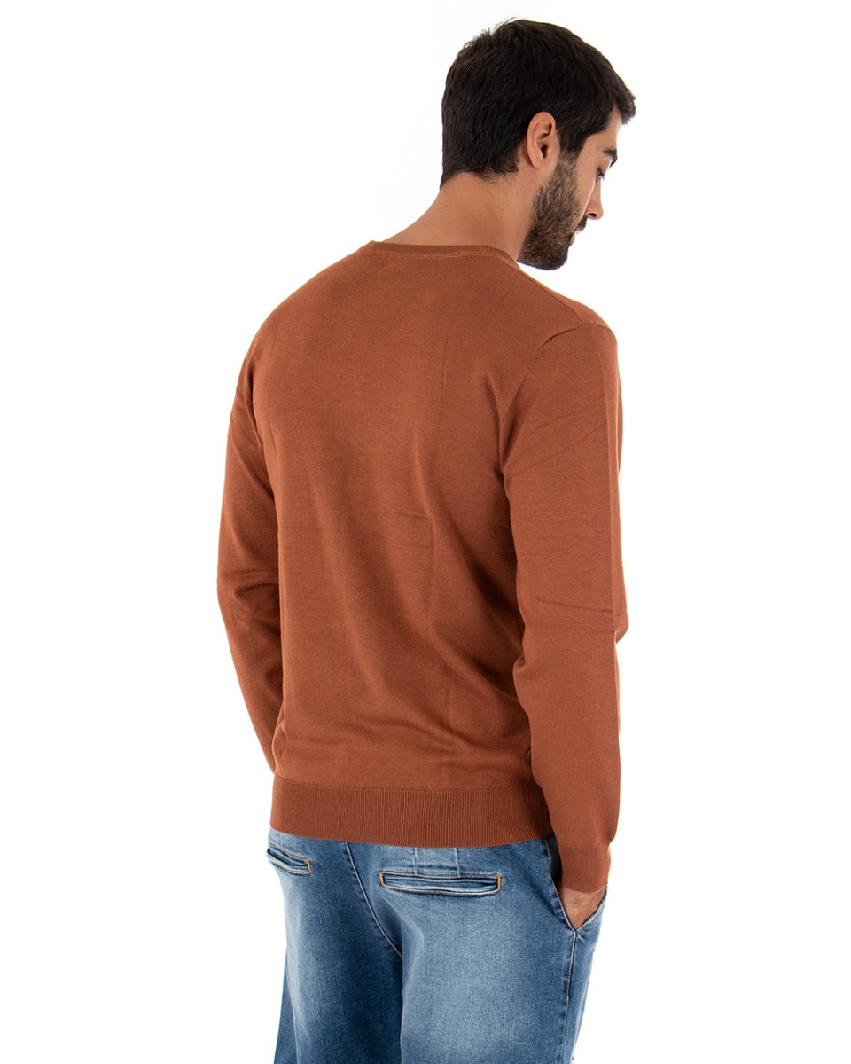 Maglioncino Uomo Casual Girocollo Tinta Unita Maglia Manica Lunga Ruggine GIOSAL-M2529A