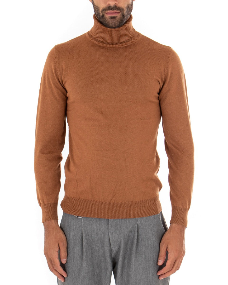 Men s Sweater Long Sleeves Elastic High Neck Solid Color Rust GIOSAL M