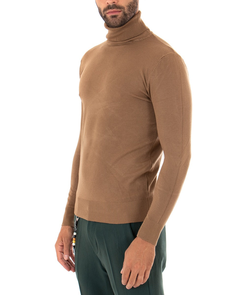 Maglioncino Uomo Maglia Maniche Lunghe Collo Alto Elastico Tinta Unita Camel GIOSAL-M2543A