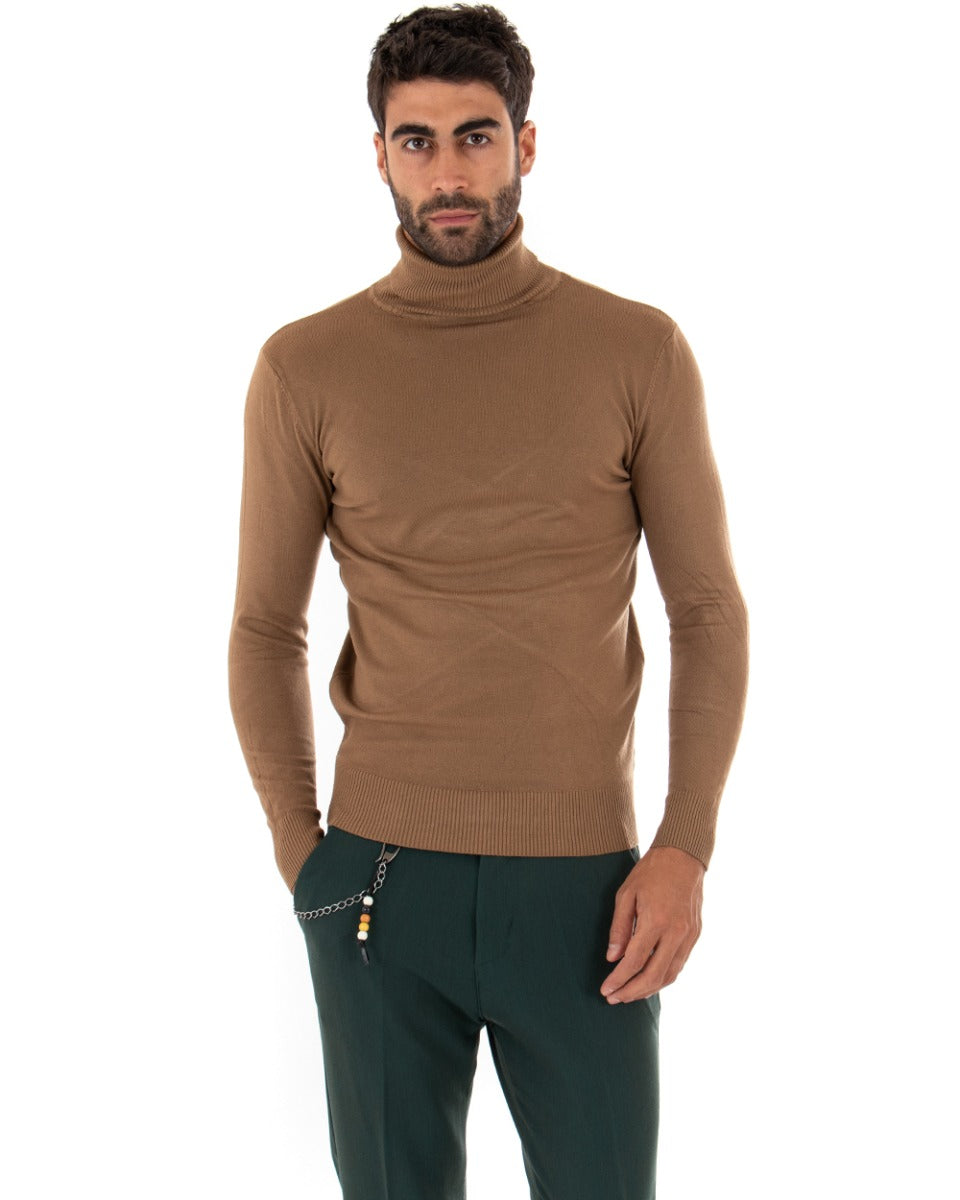 Maglioncino Uomo Maglia Maniche Lunghe Collo Alto Elastico Tinta Unita Camel GIOSAL-M2543A