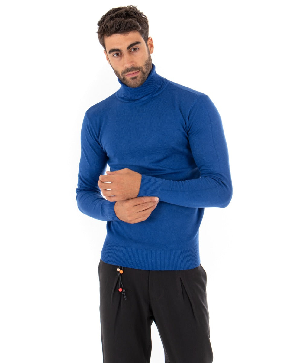 Maglioncino Uomo Maglia Maniche Lunghe Collo Alto Elastico Tinta Unita Blu Royal GIOSAL-M2547A