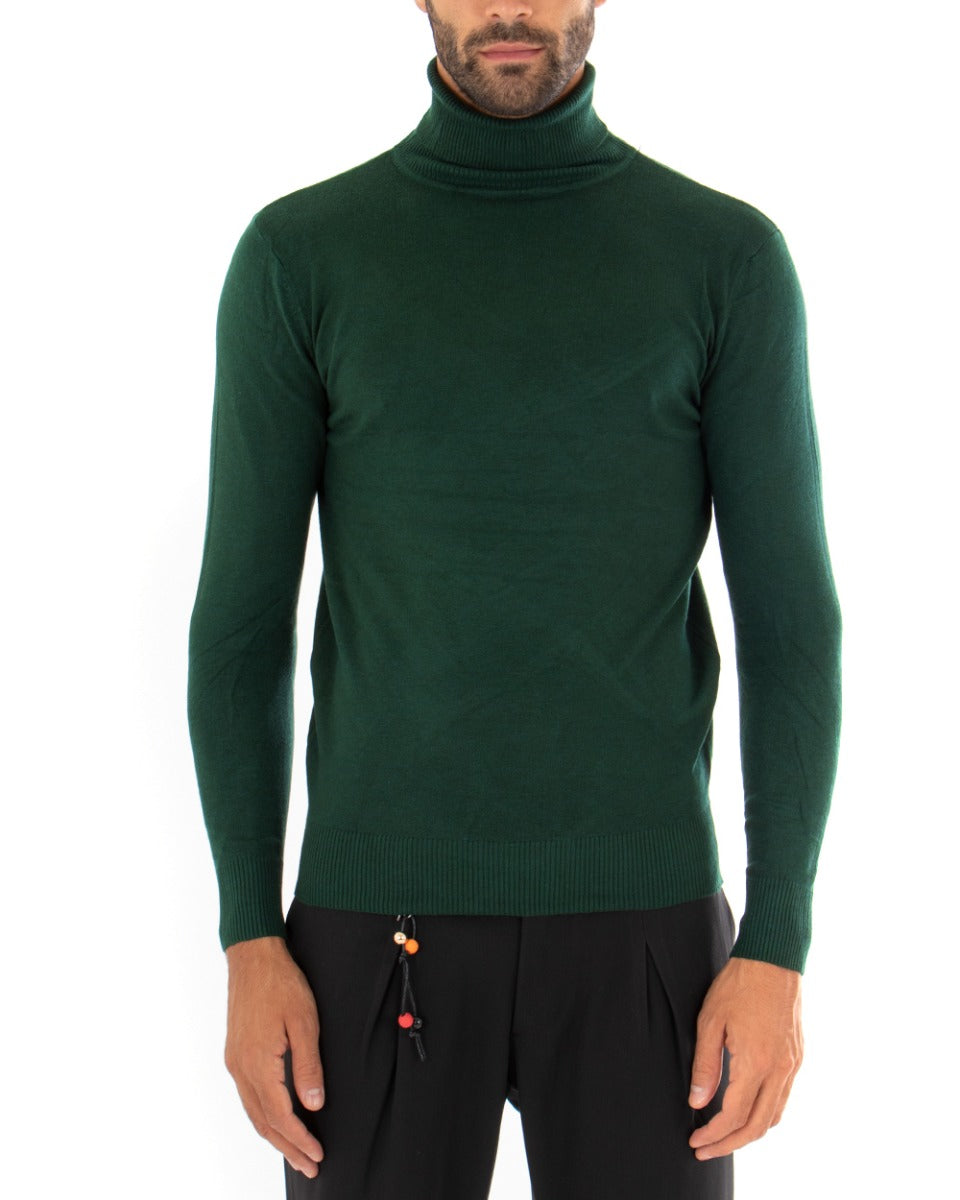 Maglioncino Uomo Maglia Maniche Lunghe Collo Alto Elastico Tinta Unita Verde Bottiglia GIOSAL-M2548A