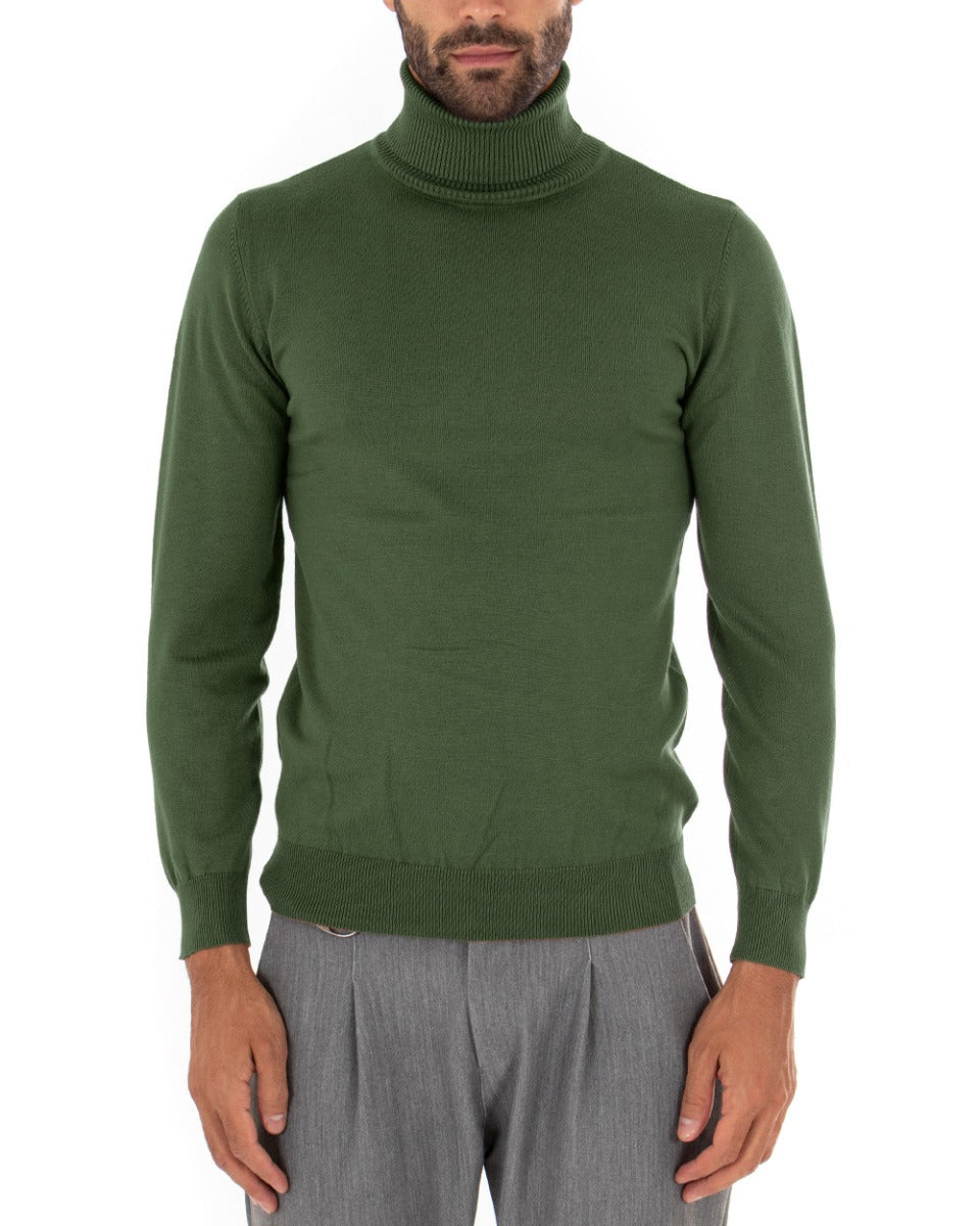 Maglioncino Uomo Maglia Maniche Lunghe Collo Alto Elastico Tinta Unita Verde Militare GIOSAL-M2551A