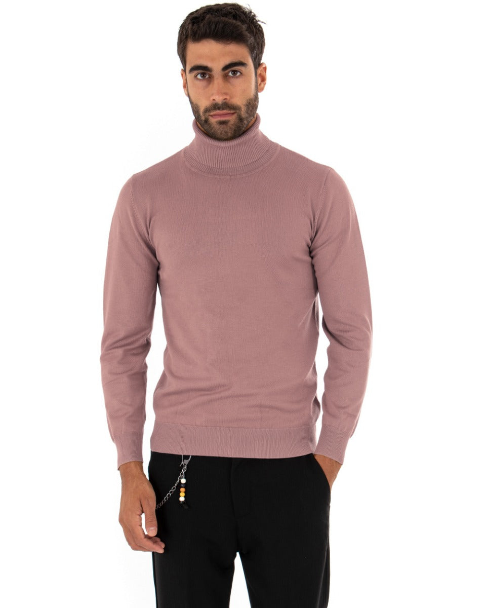 Maglioncino Uomo Maglia Maniche Lunghe Collo Alto Elastico Tinta Unita Rosa Antico GIOSAL-M2557A