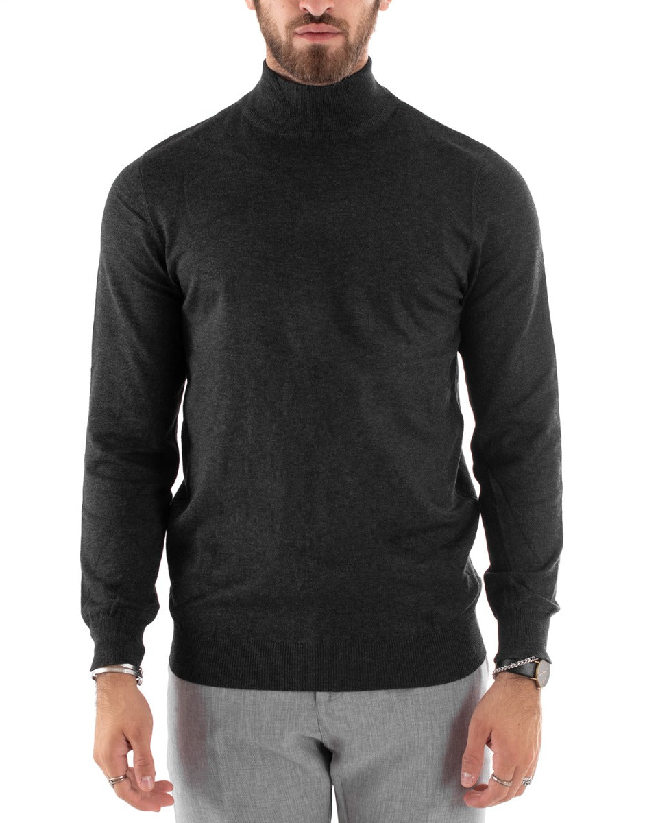 Maglioncino Uomo Maglia Maniche Lunghe Mezzo Collo Elastico Tinta Unita Grigio Scuro GIOSAL-M2558A